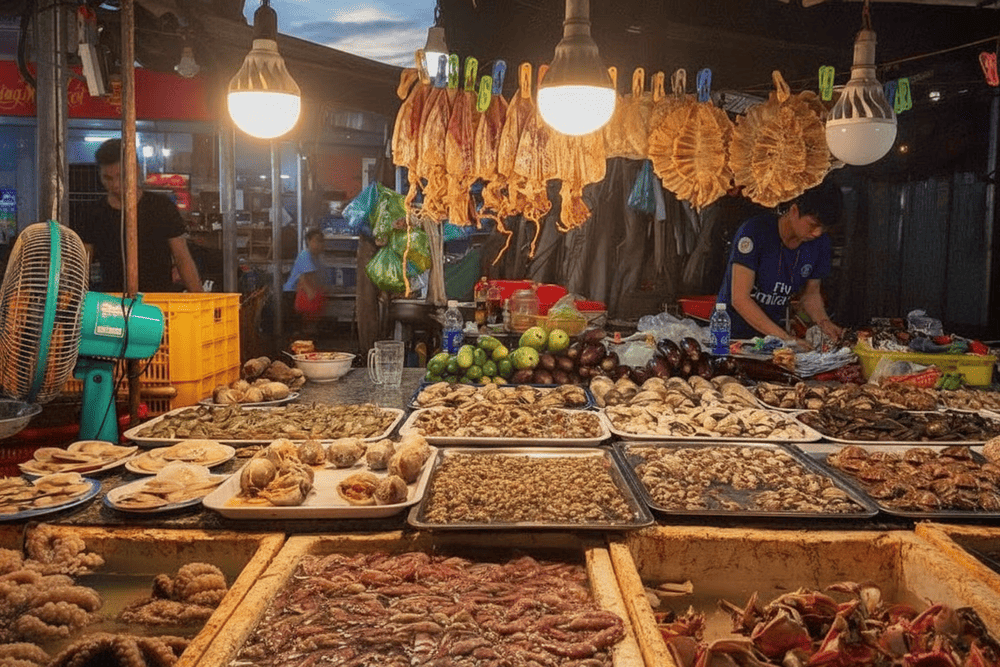 Chợ đêm với nhiều loại hải sản từ tươi sống đến đồ khô